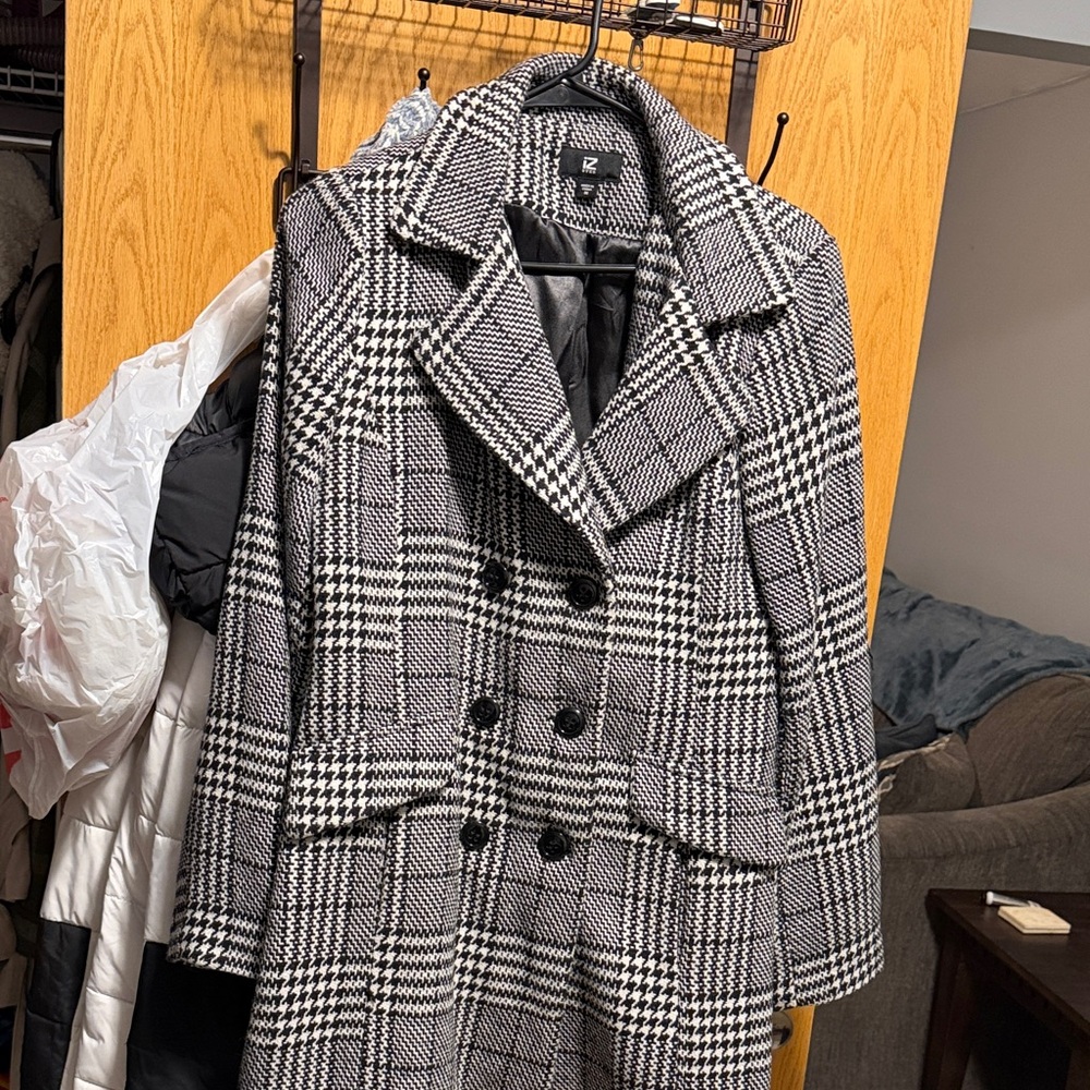 Iz Byer Black and White Plaid Pea Coat
